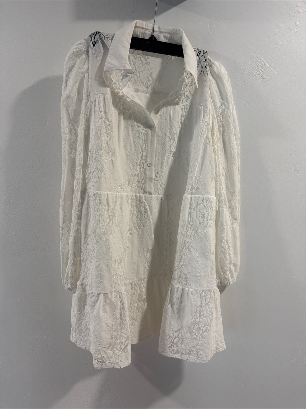 White Lace Tiered Mini Dress with Collared Neck